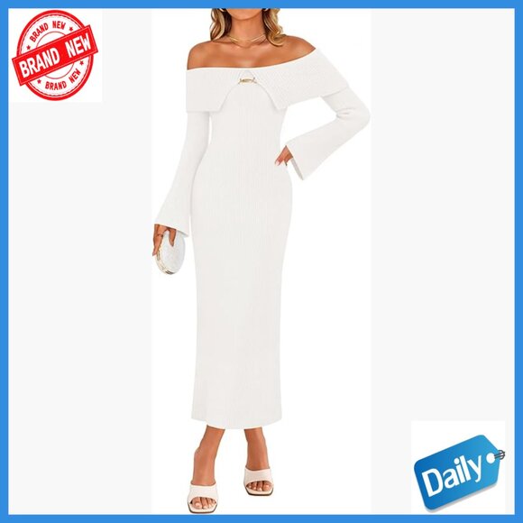 Off Shoulder Ribbed Knit Bodycon Maxi Dress Formal Winter Long Sleeve